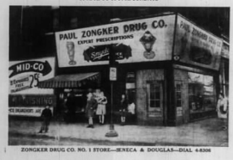 This photo of the Zongker’s Drug on the southwest corner of Douglas and Seneca ran in an advertisement in The Wichita Eagle in February 1946.