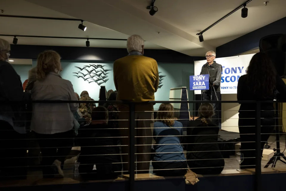 Gov. Tony Evers campaigns at the Blue Wave Inn in Ashland, Wis., on Thursday, Nov. 3, 2022. (Tim Gruber/The New York Times)