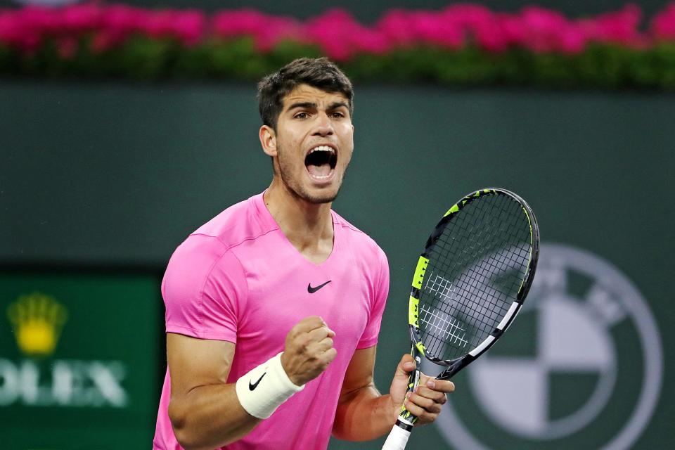 Carlos Alcaraz celebrates during the match against Tallon Grieskpoor at the BNP Paribas Open in Indian Wells, Calif., on Monday, March 13, 2023.