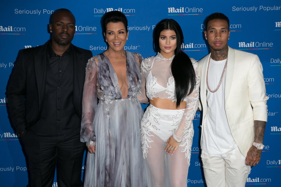 Close-up of Corey Gamble, Kris, Tyga and Kylie at a media event