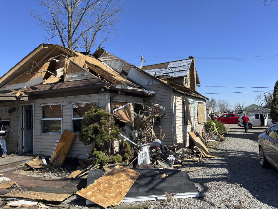 Joe Baker's damaged home in Valleyview, Ohio, on Saturday, March 16, 2024. Thursday night’s storms left trails of destruction across parts of Ohio, Kentucky, Indiana and Arkansas. (AP Photo/Patrick Orsagos)