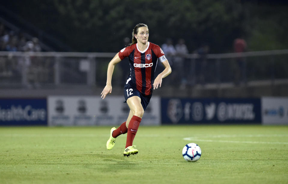 BOYDS, MD - JULY 20: Washington Spirit midfielder Andi Sullivan (12) moves the ball through midfield during the National Womens Soccer League (NWSL) game between the Houston Dash and Washington Spirit July 20, 2019 at Maureen Hendricks Field at Maryland SoccerPlex in Boyds, MD. (Photo by Randy Litzinger/Icon Sportswire via Getty Images)