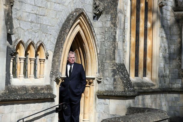 PHOTO: Britain's Prince Andrew, Duke of York, attends Sunday service at the Royal Chapel of All Saints, at Royal Lodge, in Windsor, April 11, 2021. (Steve Parsons/Pool/AFP via Getty Images)