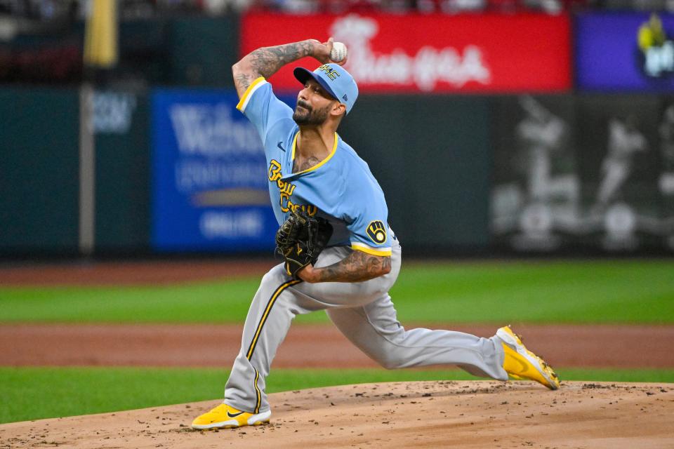 Milwaukee Brewers starter Matt Bush (50) pitches against the St. Louis Cardinals on Sept. 13, 2022, in St. Louis.