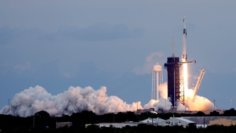 A SpaceX Falcon 9 rocket, with the Dragon capsule and a crew of four private astronauts lifts off from pad 39A, at the Kennedy Space Center in Cape Canaveral, Fla., Sunday, May 21, 2023. (AP Photo/John Raoux)
