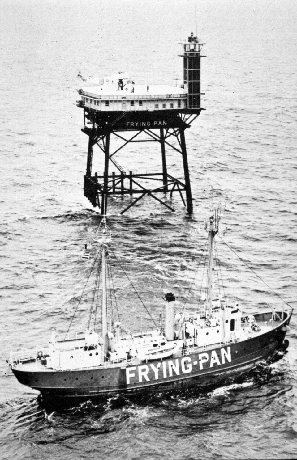 The Frying Pan Lightship blows a final whistle as it hands off its duty as the light of Frying Pan Shoals to Frying Pan Tower on Nov. 24, 1964. [PHOTO COURTESY OF DR. ROBERT M. FALES COLLECTION/NEW HANOVER COUNTY PUBLIC LIBRARY]