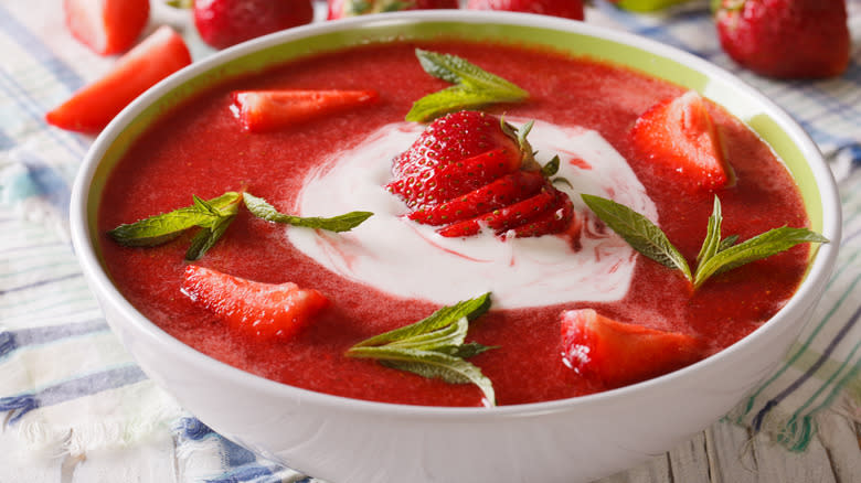 Bowl of cold strawberry soup