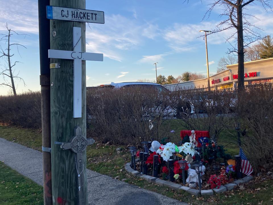 A memorial to Christopher Jack "CJ" Hackett remains along Mclean Avenue in Yonkers near where the 16-year-old was struck and killed by drunk driver Stephen Dolan while riding a scooter on Aug. 3, 2022