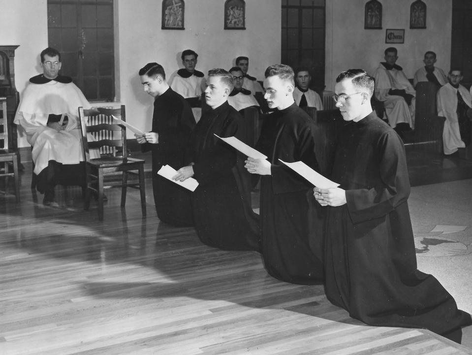 Mario Russo, James Johnson, Augustine Whorf and Xavier MacEachern take Carmelite vows in 1953 at Infant of Prague Villa in Coventry Township.