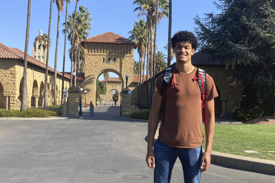 Stanford basketball forward Spencer Jones poses on the school campus in Stanford, Calif., on Oct. 13 2022. Now that Spencer Jones and his Stanford supporting cast are such capable scorers at every spot of the court, the Cardinal are counting on being a more versatile offensive team that can look to regularly push the pace in transition. (AP Photo/Janie McCauley)