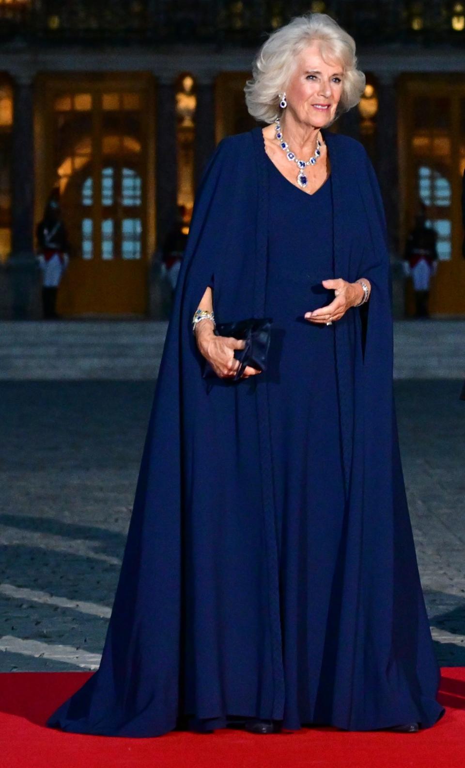 Queen Camilla arrives at a state dinner at Chateau de Versailles Sept 20 2023