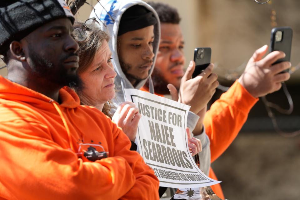 Friends of Najee Seabrooks were in attendance at the press conference where, NJ Attorney General Matthew J. Platkin announced on the steps of Paterson Police Department that the Attorney Generals office is taking control of the department in Paterson, NJ on Monday March 27, 2023. 