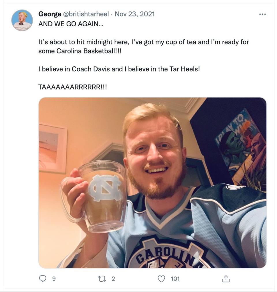 A tweet from George Harmer, @britishtarheel, from before North Carolina took on UNC Asheville on November 23, 2021.