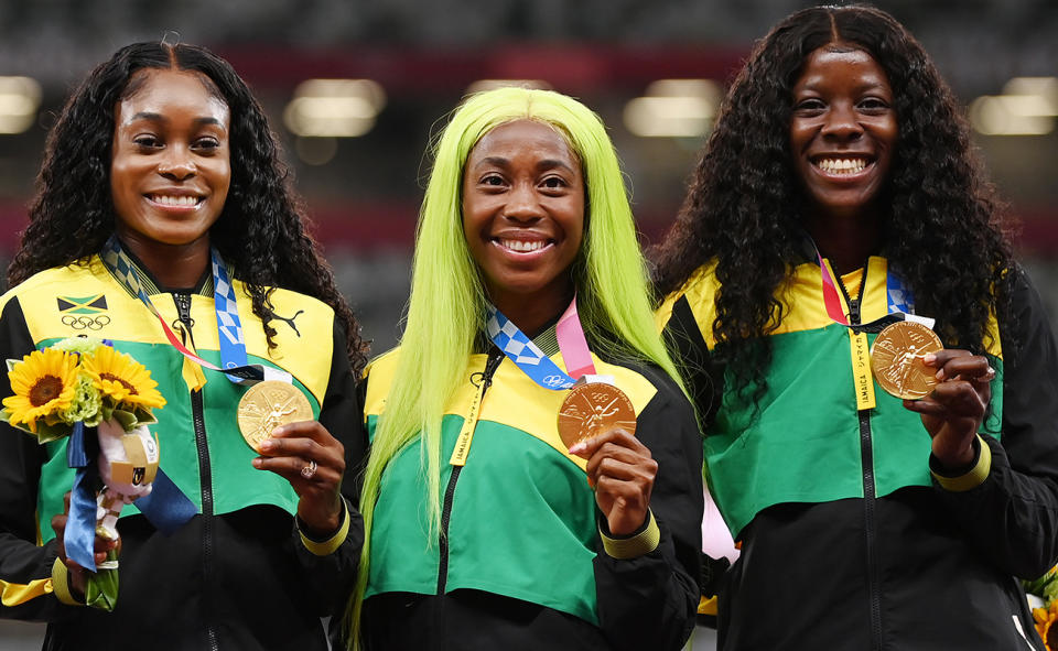 Elaine Thompson-Herah, Shelly-Ann Fraser-Pryce and Shericka Jackson.