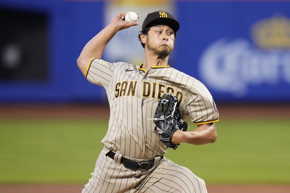 San Diego Padres' Yu Darvish, of Japan, pitches during the first inning of a baseball game against the New York Mets, Monday, April 10, 2023, in New York. (AP Photo/Frank Franklin II)