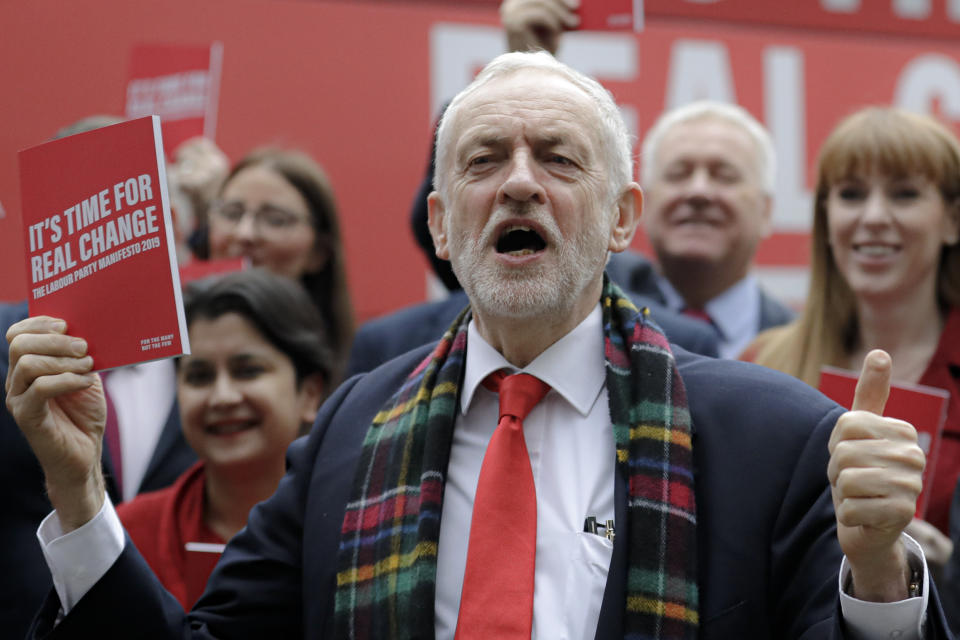 Jeremy Corbyn, Leader of Britain's opposition Labour Party poses shortly after arriving at the launch of Labour's General Election manifesto, at Birmingham City University, England, Thursday, Nov. 21, 2019. Britain goes to the polls on Dec. 12. (AP Photo/Kirsty Wigglesworth)