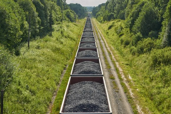 Coal on a train traveling through the woods.