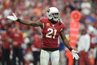 Sep 23, 2018; Glendale, AZ, USA; Arizona Cardinals defensive back Patrick Peterson (21) reacts against the Chicago Bears during the second half at State Farm Stadium. Mandatory Credit: Joe Camporeale-USA TODAY Sports