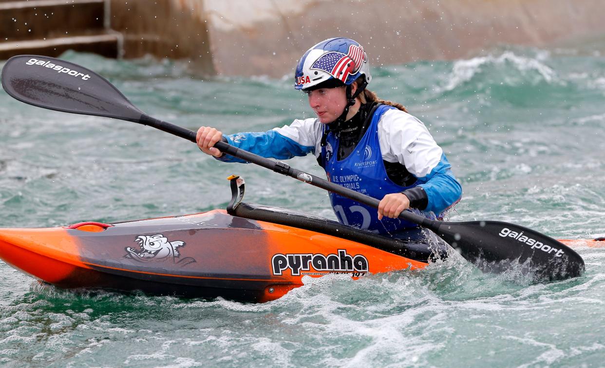 Evy Leibfarth compete in kayak cross time trial during 2024 Olympic Team Trials for Canoe/Kayak Slalom and Kayak Cross at the RIVERSPORT Whitewater Center in Oklahoma City, Saturday, April 27, 2024.