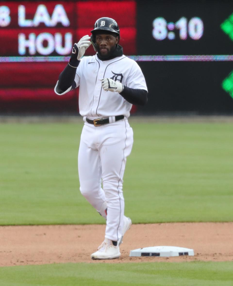 Detroit Tigers' Akil Baddoo after doubling against the Pittsburgh Pirates on Thursday, April 22, 2021 at Comerica Park.