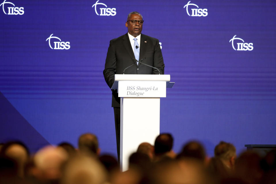 U.S. Defense Secretary Lloyd Austin speaks during a plenary session at the 19th International Institute for Strategic Studies (IISS) Shangri-la Dialogue, Asia's annual defense and security forum, in Singapore, Saturday, June 11, 2022. (AP Photo/Danial Hakim)