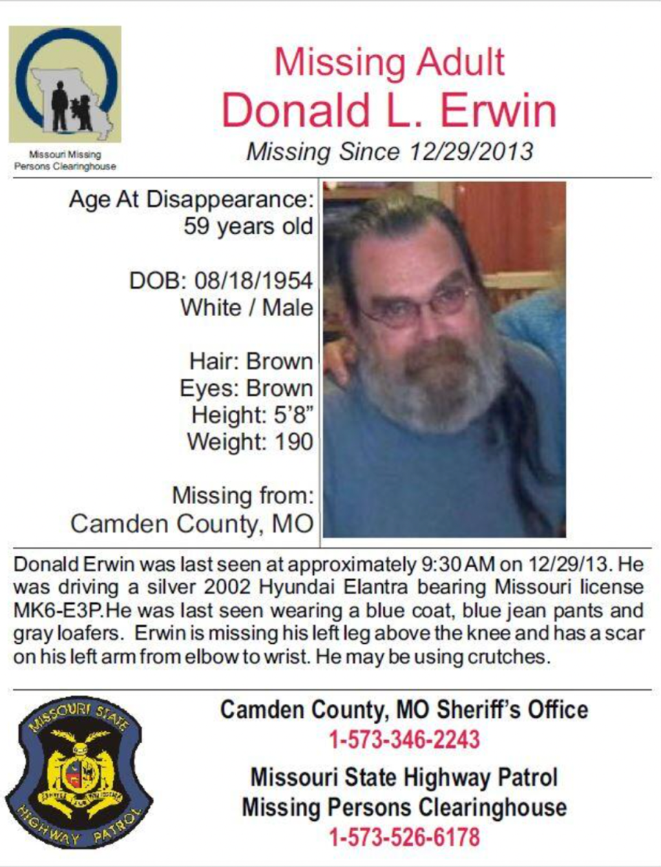 Donnie Erwin was last seen on 29 December 2013 (Camden County Sheriff’s Office)