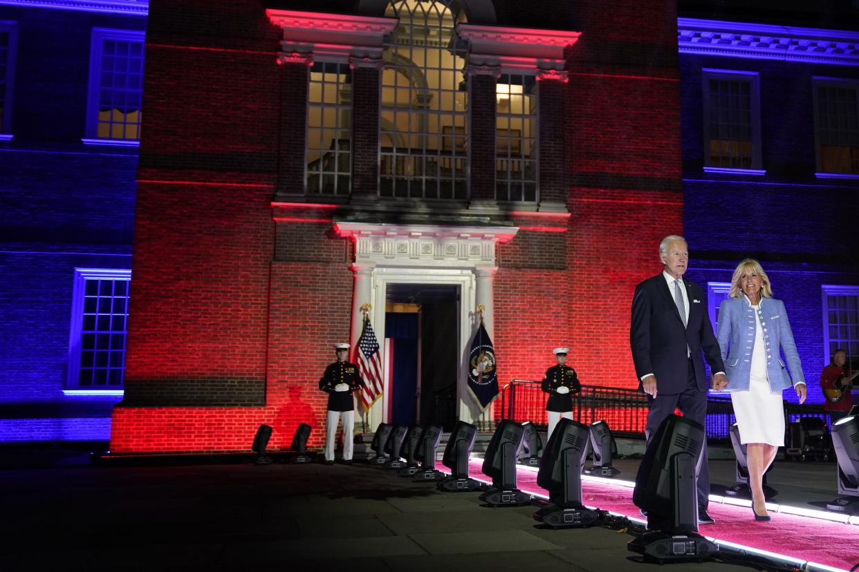 President Joe Biden arrives with first lady Jill Biden to speak outside Independence Hall, Thursday, Sept. 1, 2022, in Philadelphia.