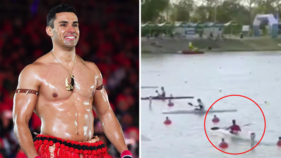 Pita Taufatofua (pictured left) struggled in his first sprint kayak competition. (Image: Getty Images/Twitter)