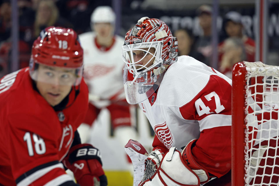 Detroit Red Wings goaltender James Reimer (47) watches the puck against the Carolina Hurricanes during the second period of an NHL hockey game in Raleigh, N.C., Thursday, March 28, 2024. (AP Photo/Karl B DeBlaker)