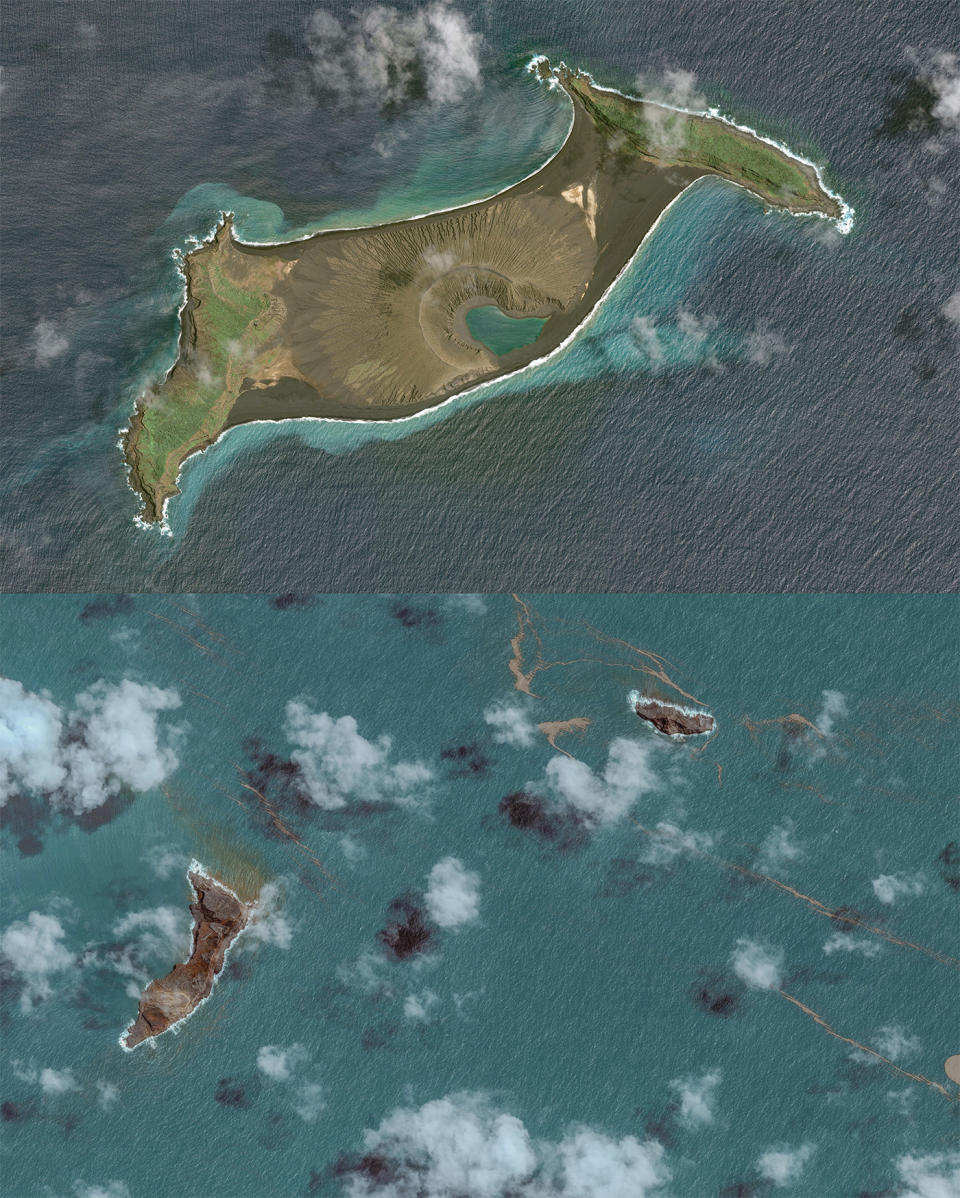 Satellite images showing before and after the Hunga Tonga volcano eruption on January 15.