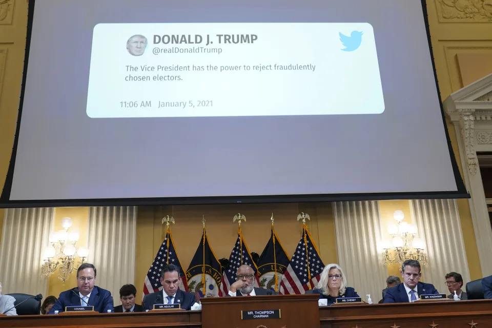 A Tweet from former President Donald Trump is displayed on a screen as the House select committee investigating the Jan. 6, 2021, attack on the Capitol holds a hearing at the Capitol in Washington, Thursday, June 16, 2022. Instead of convincing Donald Trump's most loyal supporters of his misdeeds, the revelations from the hearings into the Jan. 6 attack on the Capitol are prompting many of them to reinforce their views that he was correct in falsely asserting a claim to victory. (AP Photo/Susan Walsh)