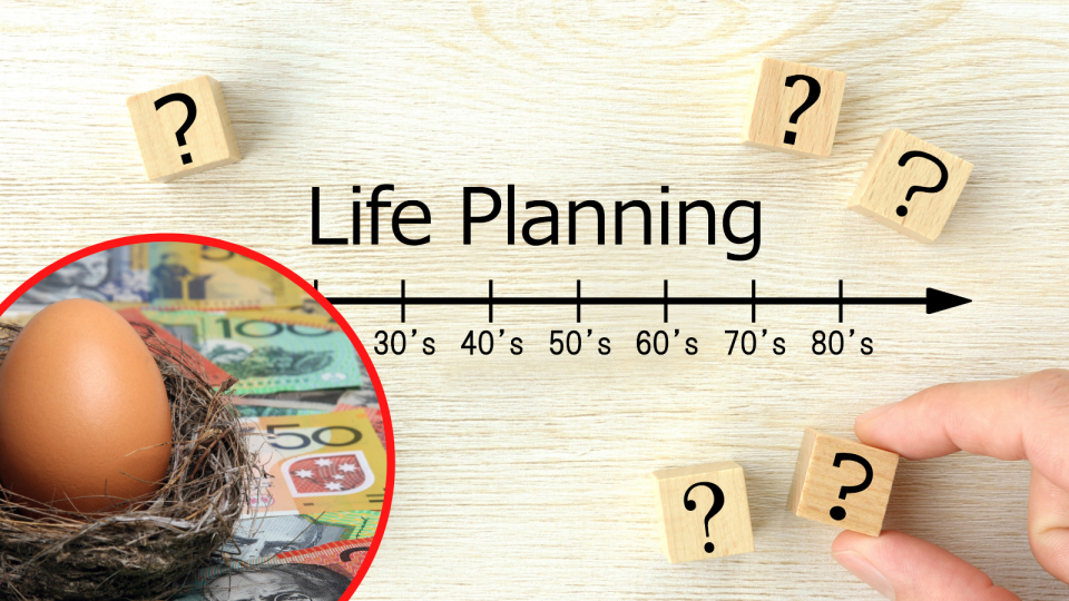 A nest egg sitting on a background of Australian money and a chart indicating life planning.