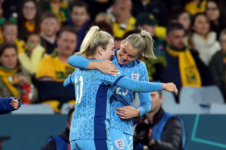 Alessia Russo celebrates with Lauren Hemp during England’s 3-1 win over Australia (Isabel Infantes/PA) (PA Wire)