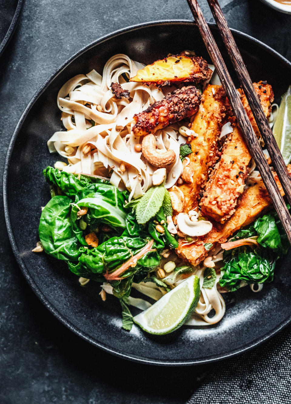 Sticky salmon and noodles