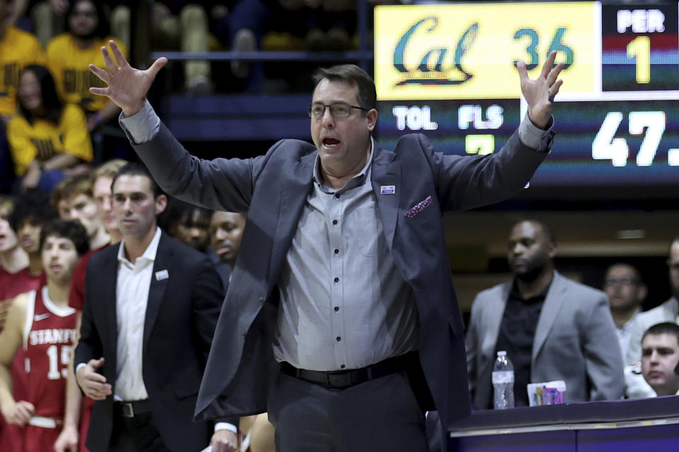 Stanford coach Jerod Haas gestures to the team during the first half of an NCAA college basketball game against California in Berkeley, Calif., Friday, Jan. 26, 2024. (AP Photo/Jed Jacobsohn)