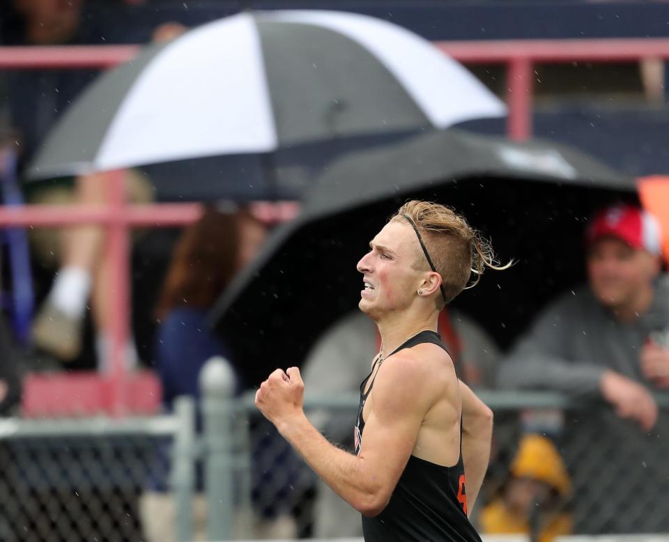 Hoover's Blaze Fichter finishes with a time of 4:17.10 to win the boys 1,600 meters during the Division I regional track and field meet at Fitch High School on Friday.