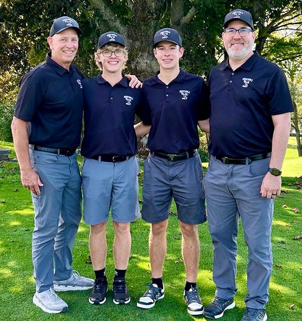 Honesdale golfers Reed Howell and Lucas Stephens have earned spots at this year's District 2 tournament. Pictured are (from left): Coach Mike Miller, Reed Howell, Lucas Stephens, Coach Gene Hopkins.