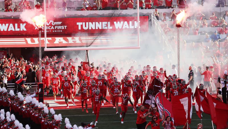 The Utes take the field in the opener against the Florida Gators in Salt Lake City on Thursday, Aug. 31, 2023 during the season opener.