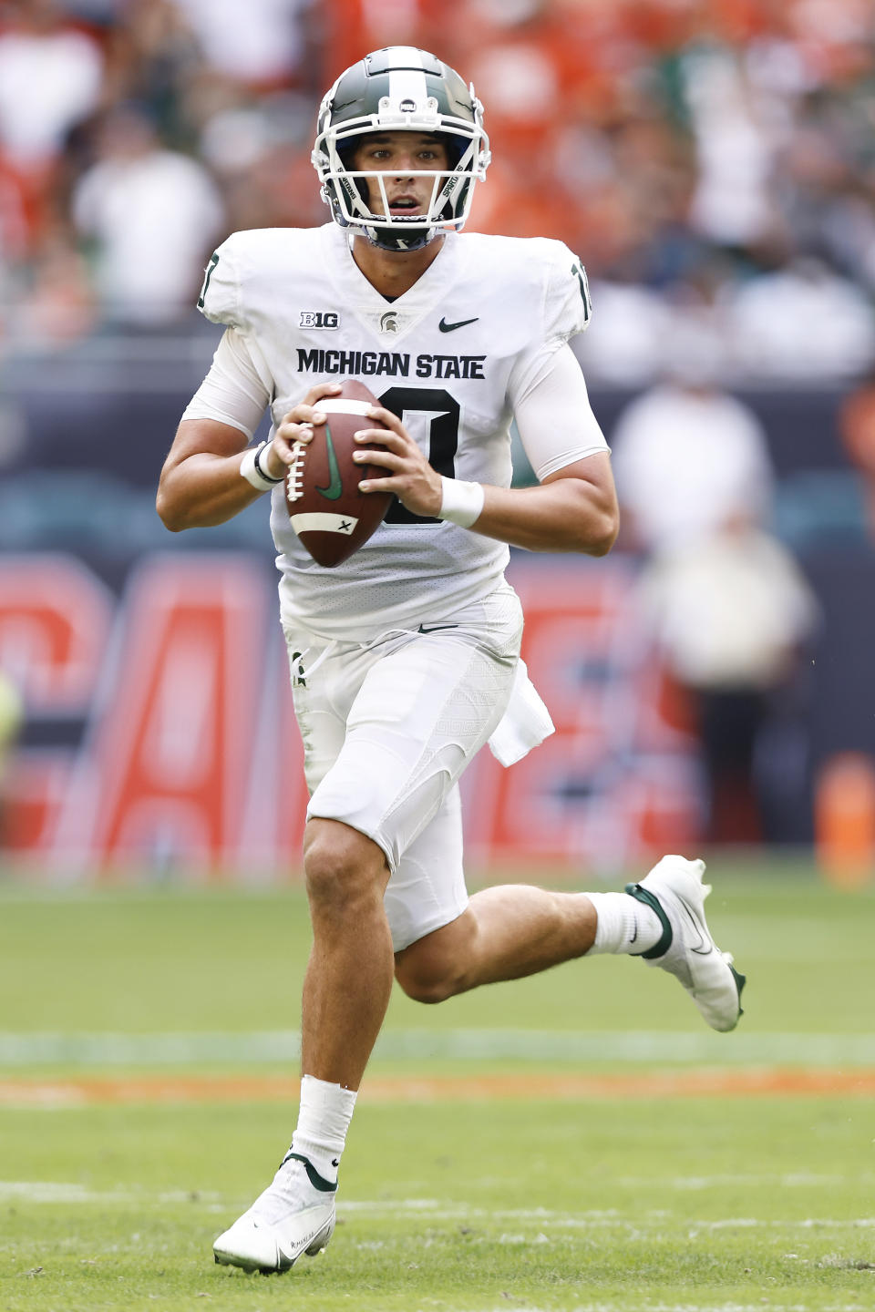 Michigan State quarterback Payton Thorne (10) looks to pass during the first quarter of an NCAA college football game against the Miami, Saturday, Sept. 18, 2021, in Miami Gardens, Fla. (AP Photo/Michael Reaves)