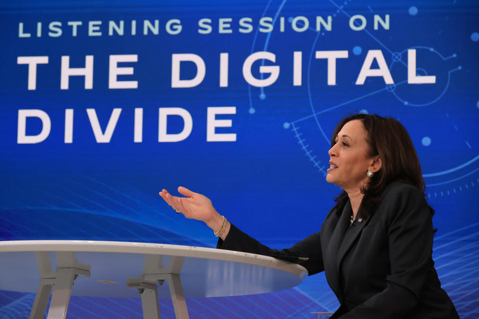 WASHINGTON, DC - MAY 24: U.S. Vice President Kamala Harris hosts a listening session on the country's digital divide in the South Court Auditorium of the Eisenhower Executive Office Building on May 24, 2021 in Washington, DC. In a discussion with students, parents and advocates, Harris drew a parallel between rural electrification projects in the early 20th century and the current efforts to bring affordable, high-speed internet using the Biden administration's American Jobs Plan. (Photo by Chip Somodevilla/Getty Images)