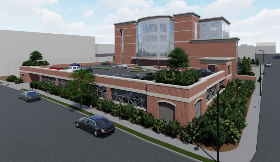 Renderings seen in the Mayo Performing Arts Center's application for a major expansion of its facilities. This view is from King Place behind the existing theater, fronted by a new two-story parking deck.