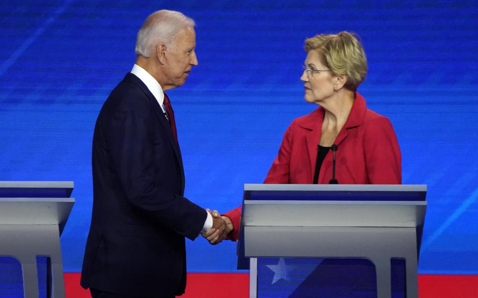 Sharing the presidential debate stage for the first time, former Vice President Joe Biden and Sen. Elizabeth Warren (D-Mass.) largely avoided a long-awaited showdown. (Photo: Mike Blake / Reuters)