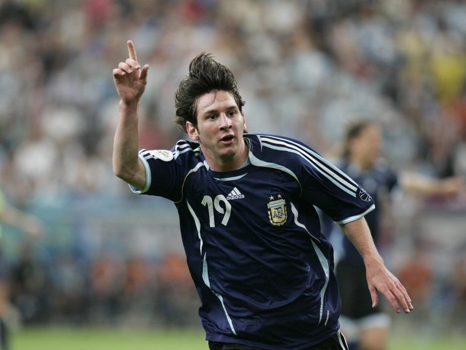 Lionel Messi reacts to scoring his first World Cup goal.