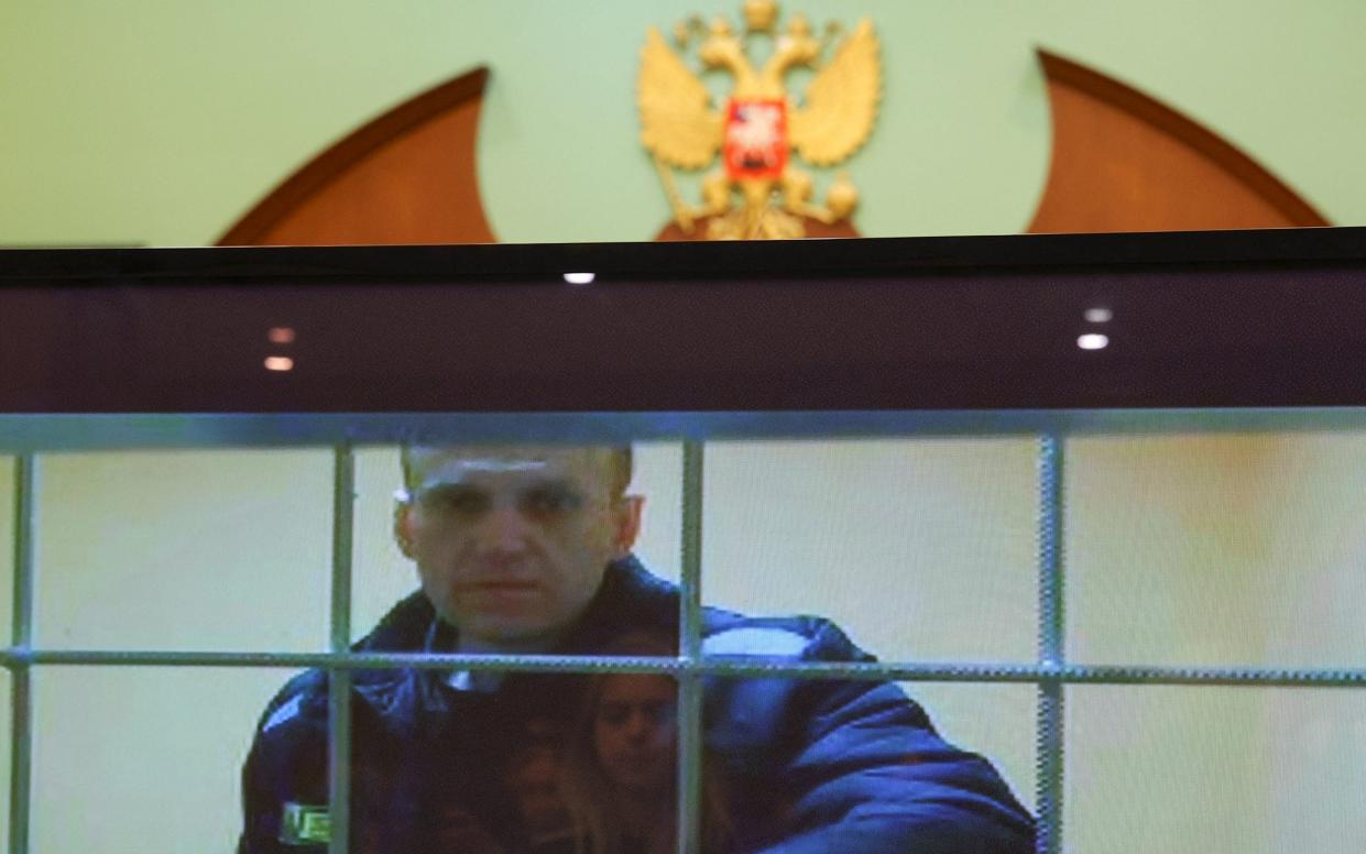 Alexei Navalny appeared in court via a video link on Tuesday - Evgenia Novozhenina/Reuters
