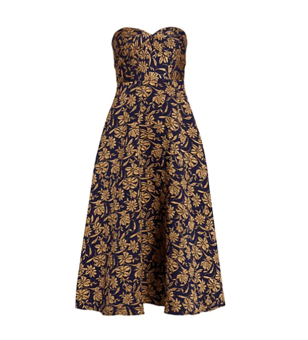 <p>Monique Lhuillier Strapless Floral Jacquard Fit and Flare Midi Dress, $595, <a href="https://rstyle.me/+1DQa_FQkx6pS8dhyywI-4w" rel="nofollow noopener" target="_blank" data-ylk="slk:available here;elm:context_link;itc:0;sec:content-canvas" class="link ">available here</a>.</p>