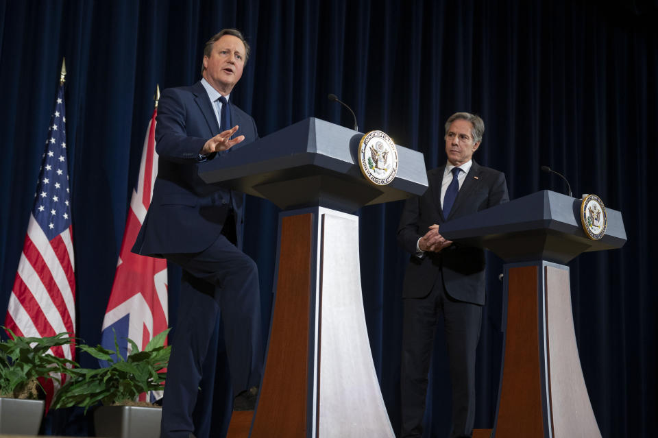 British Foreign Secretary David Cameron, left, speaks during a meeting with Secretary of State Antony Blinken at the State Department on Tuesday, April 9, 2024 in Washington. (AP Photo/Kevin Wolf)