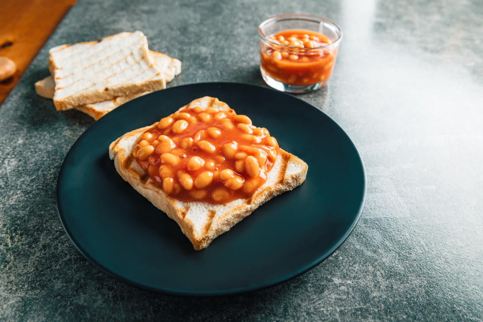 Baked Beans in Tomato Sauce on Slice of Toasted Bread, traditional British breakfast�