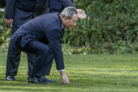 Chinese Premier Li Qiang accepts the challenge during his official welcome at Government House in Wellington in Wellington, New Zealand, Thursday, June 13, 2024. Li has arrived in New Zealand at the start of a weeklong tour that also includes Australia and Malaysia. (Mark Mitchell/NZ Herald via AP)