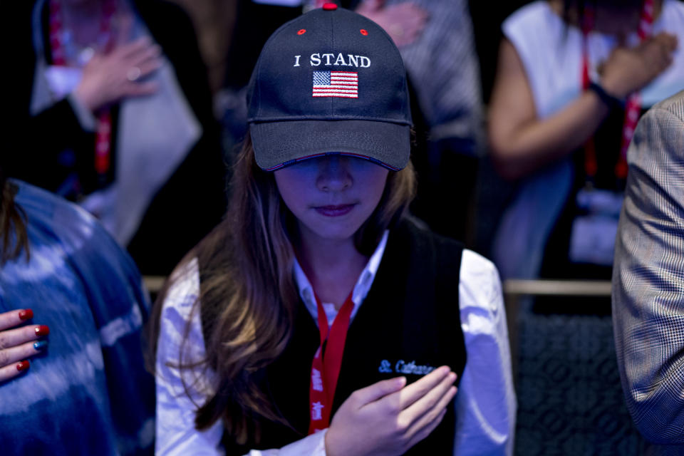 <p>An attendee wears an “I Stand” hat during the Pledge of Allegiance at the Conservative Political Action Conference (CPAC) in National Harbor, Md., on Thursday, Feb. 22, 2018. (Photo: Andrew Harrer/Bloomberg via Getty Images) </p>