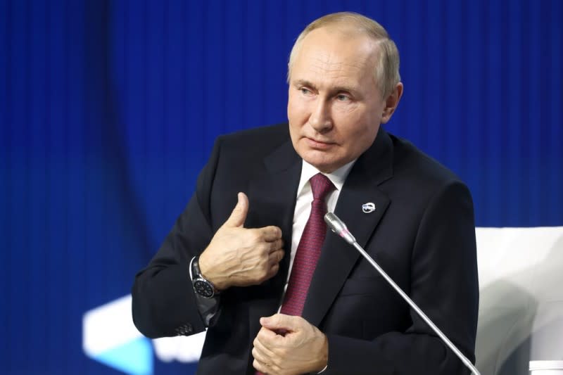 2022年10月27日，俄羅斯總統普京在莫斯科智庫「瓦爾岱國際論壇」 （Valdai International Discussion Club）年會發表演說。（美聯社）